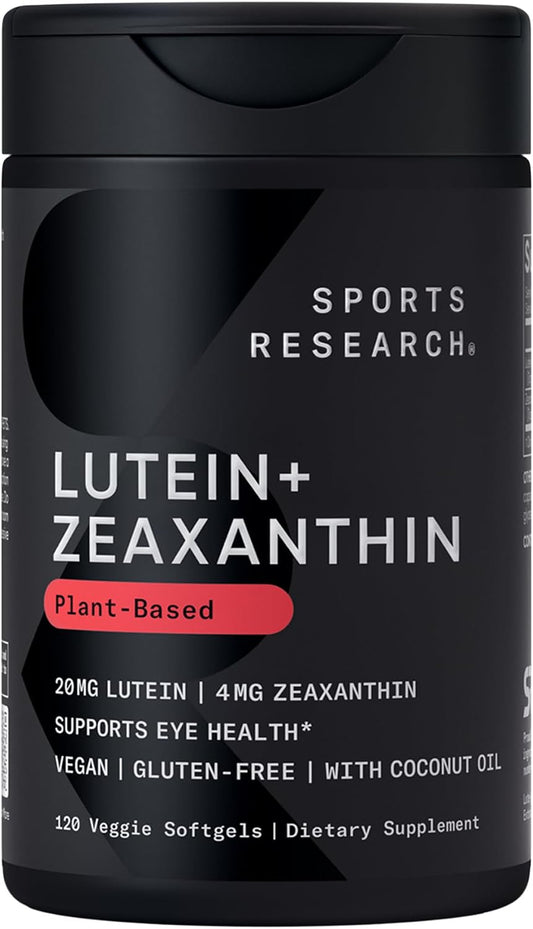 Sports Research® Lutein + Zeaxanthin w/Organic Coconut Oil, 120 Plantgels™ | Vegan Lutein w/ Lute-Gen® Eye Health Supplement | Plant-Based, Vegan Certified, Non-GMO Verified - 120 Servings