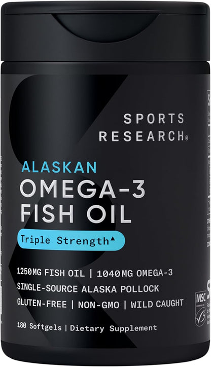 Sports Research® Omega-3 Fish Oil 1250mg from Wild Alaska Pollock, 30 Count | Always Fresh Never Fishy | 690mg EPA 260mg DHA per Softgel · Heart & Brain Health* · MSC Certified Sustainable - 30 Servings