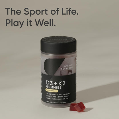 Sports Research® Vegan Vitamin D3 + K2 Sugar-Free Gummies, 60 Count | 125mcg (5000iu) Vitamin D w/ 100mcg Mk7 Vitamin K - Supports Bone & Immune Health* - Vegan Certified · Non-GMO · Soy Free