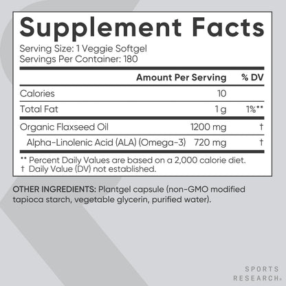 Sports Research® Vegan Flaxseed Oil 1200mg, 180 Plantgels™ | Herbal Supplement with Plant-Based ALA Omega 3 - Vegan Certified & Non-GMO Verified - Gluten, Soy & Carrageenan Free