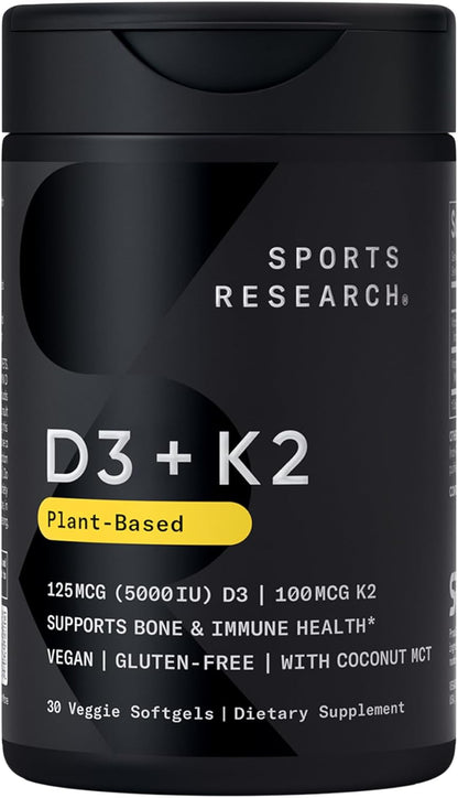 Sports Research® Vegan Vitamin D3 + K2 w/Coconut Oil, 30 Count Plantgels™ | Plant-Based Vitamin D 5000iu/125mcg & Soy-Free Vitamin K 100mcg for Bone & Immune Support - Vegan Certified · Non-GMO