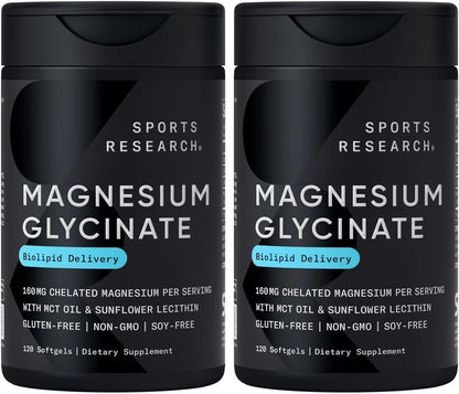 Sports Research® Magnesium Glycinate 160mg, 90 Veggie Capules | 1441mg Cheletated Magnesium per Serving | Gentle on the Stomach | Non-GMO, Soy Free, Essential Mineral