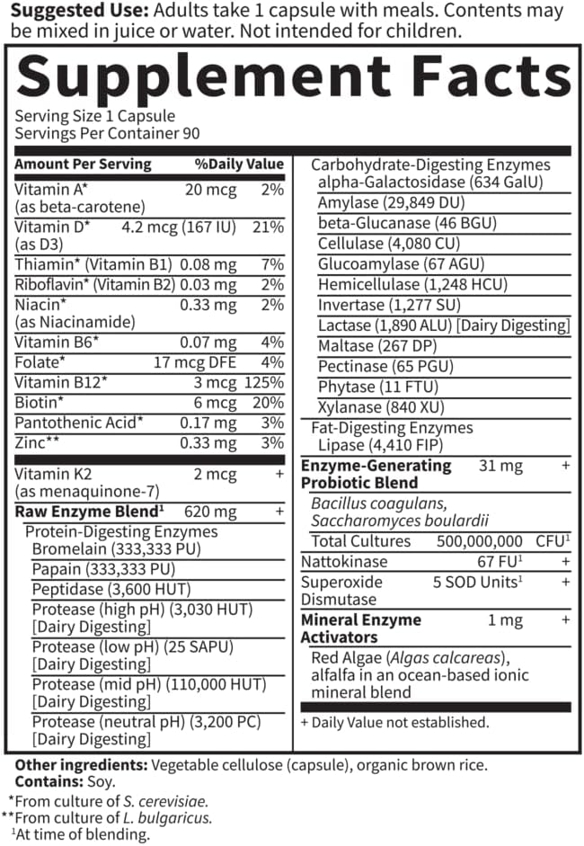 Garden of Life 22 Digestive Enzymes for Women 50 & Over with Bromelain, Papain & Lactase plus Probiotics & Vitamins B12, Biotin & Zinc – RAW Enzymes – Non-GMO, Gluten-Free, Vegetarian, 90 capsules