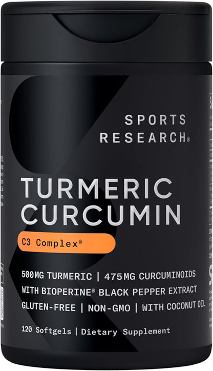 Sports Research® Turmeric Curcumin w/Coconut Oil & BioPerine® - 60 Count | Made with Curcumin C3 Complex® 500mg | Standardized to 95% Active Curcuminoids | Non-GMO, Gluten-Free - 60 Softgels