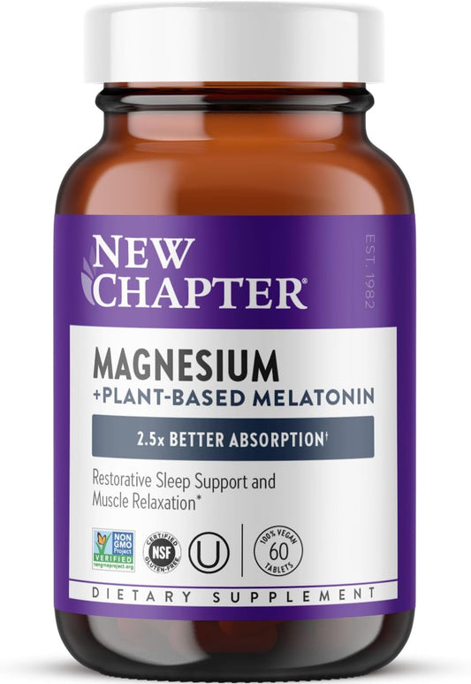New Chapter Magnesium + Plant-Based Melatonin Supplement, with 2.5X Better Absorption Magnesium Glycinate & Non-GMO Melatonin 1 mg from Tomato – Sleep Aid & Muscle Relaxation* - 60 Tablets
