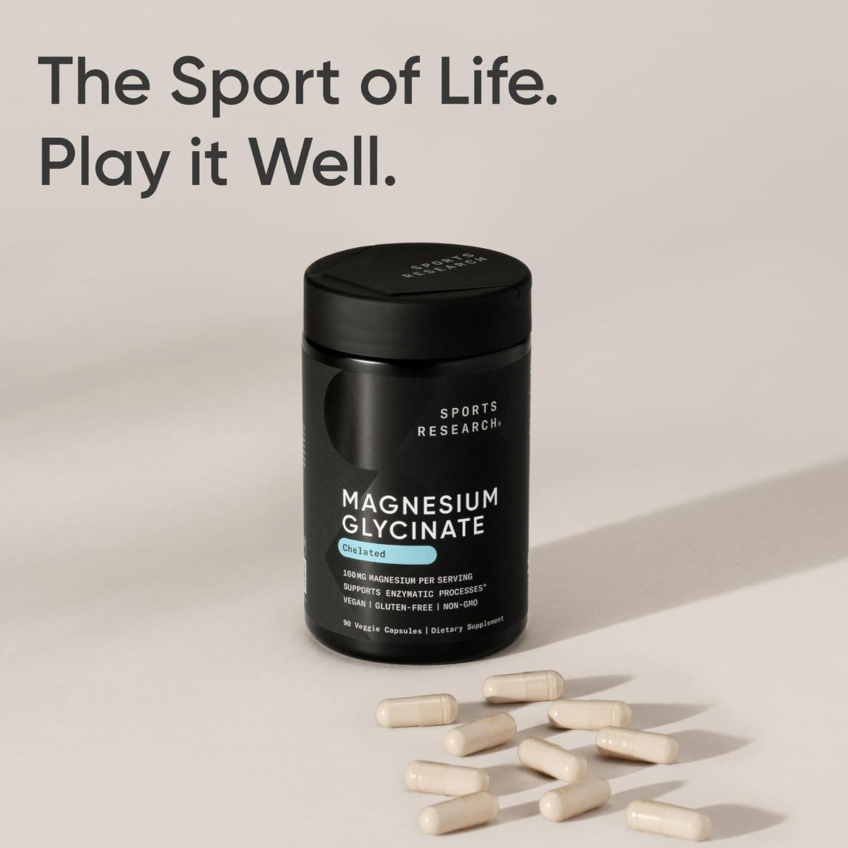 Sports Research® Magnesium Glycinate 160mg, 90 Veggie Capules | 1441mg Cheletated Magnesium per Serving | Gentle on the Stomach | Non-GMO, Soy Free, Essential Mineral