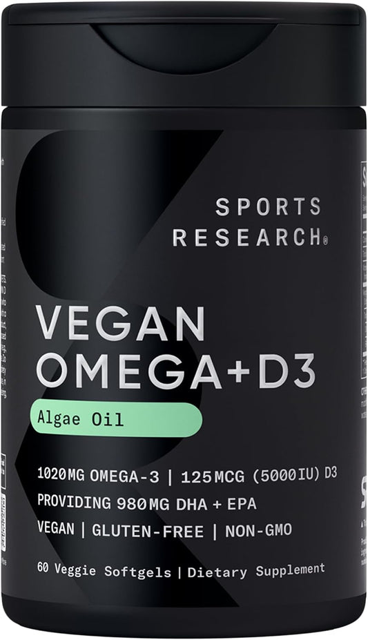 Sports Research® Vegan Omega-3 Algae Oil 1400mg w/Vegan D3 5000iu, 60 Count | 2-in-1 Fish Oil Alternative with Plant-Based Vitamin D