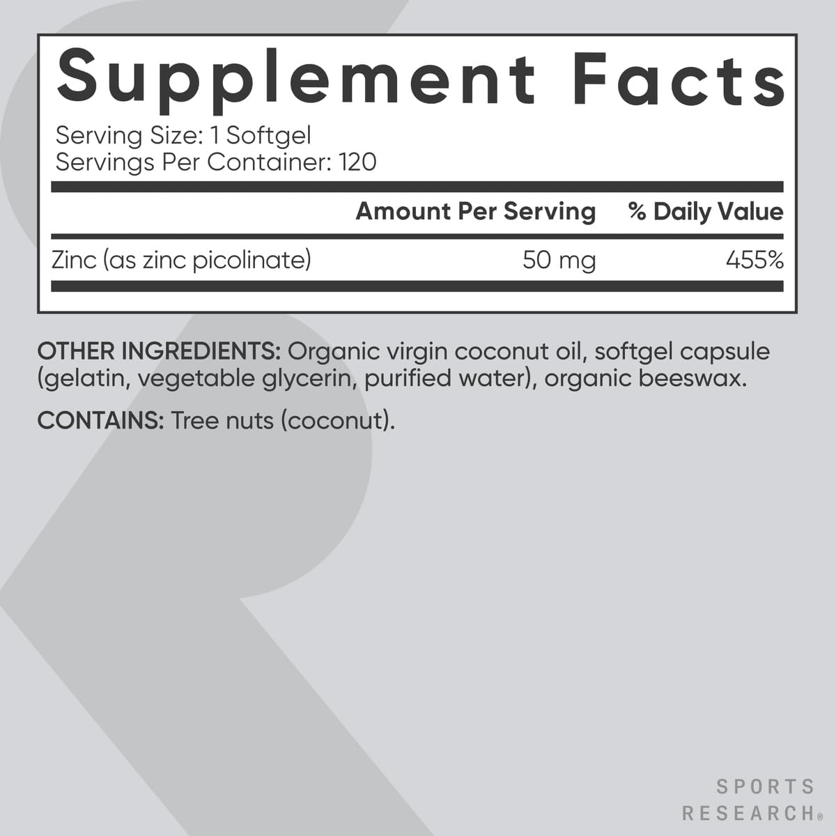 Sports Research® Zinc Picolinate 50mg w/Organic Coconut Oil, 60 Softgels | High Potency Zinc Supplement for Healthy Immune & Enzyme Function - Non-GMO Tested & Gluten-Free, 60 Servings