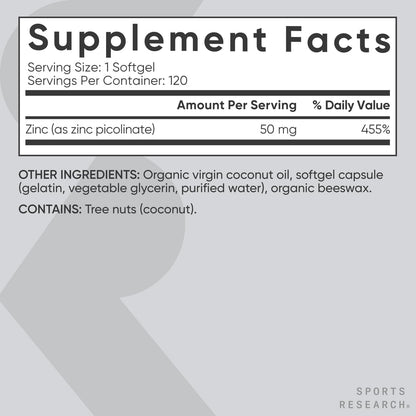 Sports Research® Zinc Picolinate 50mg w/Organic Coconut Oil, 60 Softgels | High Potency Zinc Supplement for Healthy Immune & Enzyme Function - Non-GMO Tested & Gluten-Free, 60 Servings