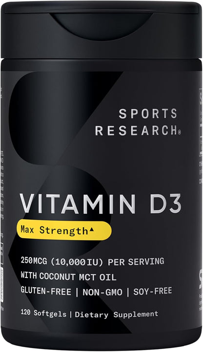 Sports Research® Vitamin D3 4000iu/100mcg with Coconut MCT Oil, 360 Count | Double Strength Vitamin D Supplement | Supports Healthy Bones & Immune Function | Non-GMO · Soy Free - 360 Servings