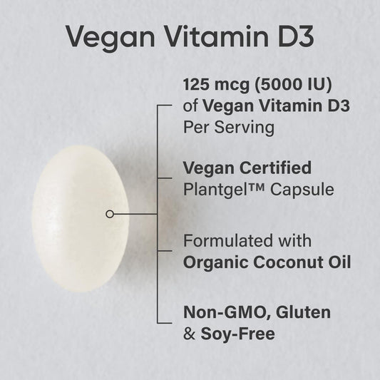 Sports Research® Vegan D3 5000iu/125mcg with Coconut Oil - 60 Plantgels™ | Plant-Based Vitamin D3 | Bone, Joint & Immune Support | Carrageenan Free, Vegan, Non-GMO - 60 Servings