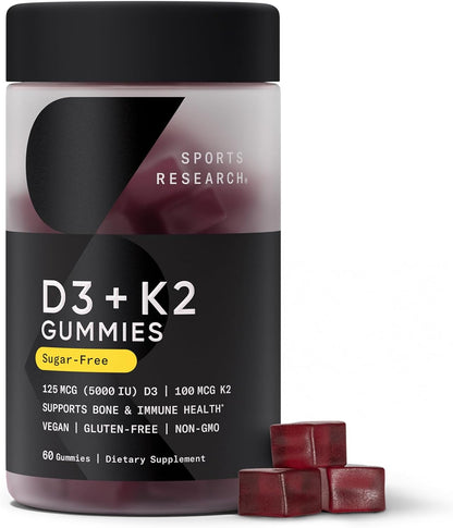 Sports Research® Vegan Vitamin D3 + K2 Sugar-Free Gummies, 60 Count | 125mcg (5000iu) Vitamin D w/ 100mcg Mk7 Vitamin K - Supports Bone & Immune Health* - Vegan Certified · Non-GMO · Soy Free