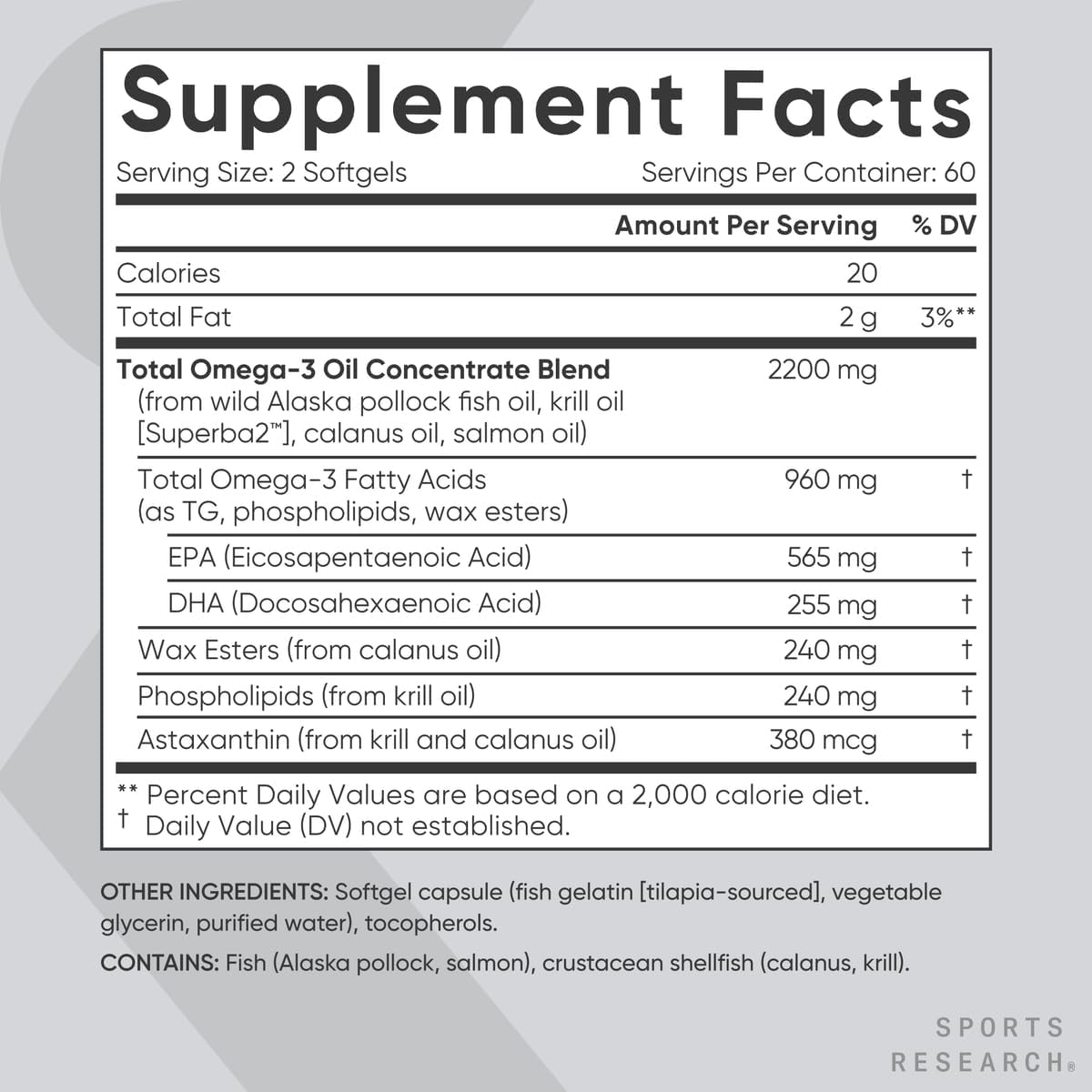Sports Research® Total Omega-3 Fish Oil 2200mg w/Astaxanthin, 120 Count | Made from Antarctic Krill w/Astaxanthin, Wild Sockeye Salmon & Alaska Pollock - 960mg of EPA & DHA - 60 Servings