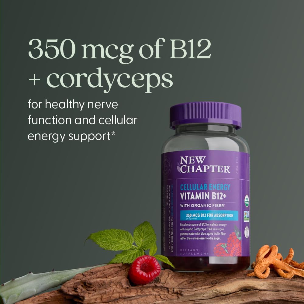 New Chapter® Organic Vitamin B12+ Gummies – 47% Less Sugar§, USDA Organic Vegan B12, Two Daily Gummies for Cellular Energy Support with Cordyceps, Non-GMO, Gluten Free, Raspberry Flavored, 60ct