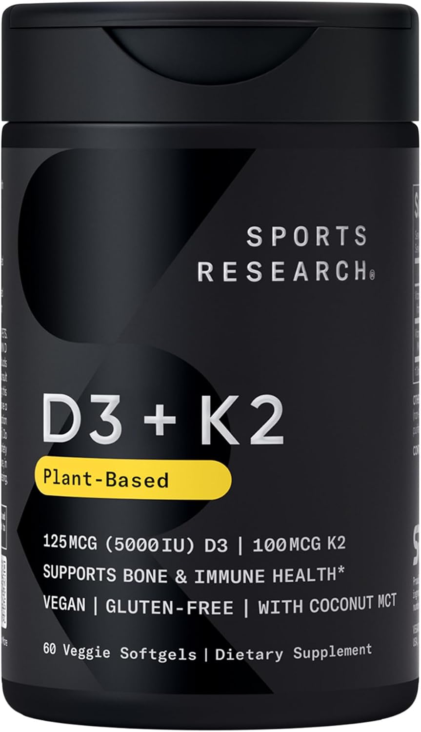Sports Research® Vegan Vitamin D3 + K2 w/Coconut Oil, 30 Count Plantgels™ | Plant-Based Vitamin D 5000iu/125mcg & Soy-Free Vitamin K 100mcg for Bone & Immune Support - Vegan Certified · Non-GMO