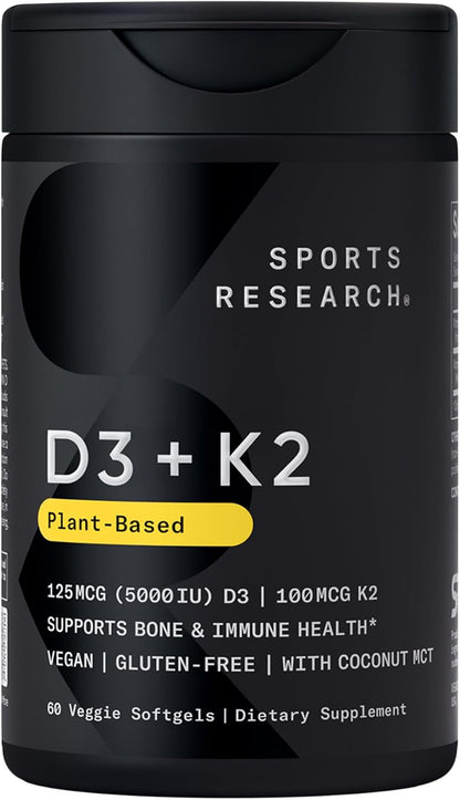 Sports Research® Vegan Vitamin D3 + K2 w/Coconut Oil, 30 Count Plantgels™ | Plant-Based Vitamin D 5000iu/125mcg & Soy-Free Vitamin K 100mcg for Bone & Immune Support - Vegan Certified · Non-GMO