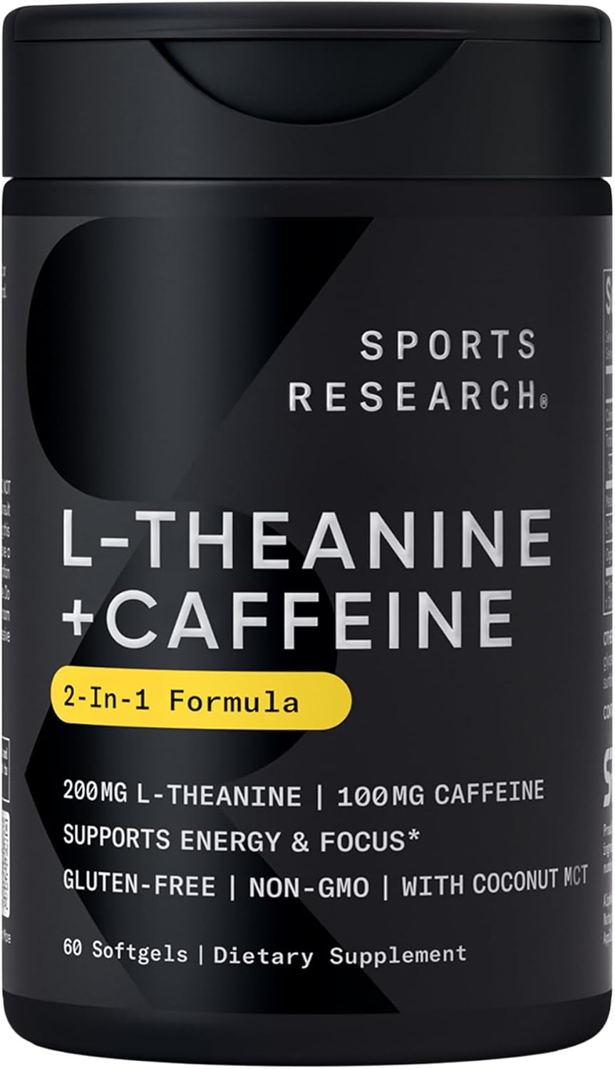 Sports Research® L-Theanine + Caffeine Nootropic Supplement - 60 Softgels | Double Strength L-Theanine 200mg & Organic Caffeine 100mg w/Coconut MCT Oil for Focused Energy - 60 Servings