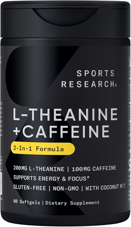 Sports Research® L-Theanine + Caffeine Nootropic Supplement - 60 Softgels | Double Strength L-Theanine 200mg & Organic Caffeine 100mg w/Coconut MCT Oil for Focused Energy - 60 Servings