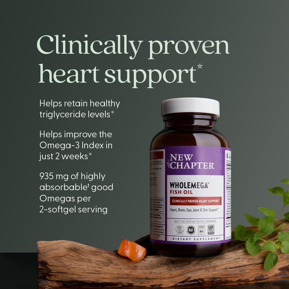 New Chapter Wholemega Fish Oil Supplement - 2000mg per Serving, Clinically Proven Wild Alaskan Salmon Oil with Omega-3 + Vitamin D3 + Astaxanthin, 60 Softgels