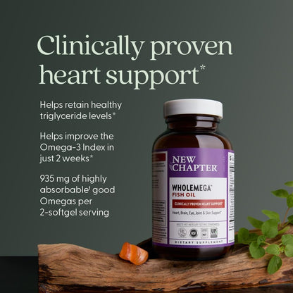 New Chapter Wholemega Fish Oil Supplement - 2000mg per Serving, Clinically Proven Wild Alaskan Salmon Oil with Omega-3 + Vitamin D3 + Astaxanthin, 60 Softgels