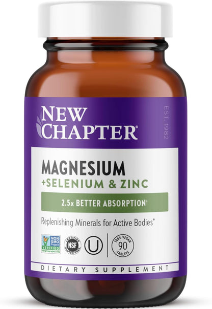 New Chapter Magnesium + Selenium & Zinc Tablets - Bone Health & Muscle Support Supplement* - Supports Electrolyte Balance* - Vegan, Gluten Free, Non-GMO & Kosher - 30 Tablets
