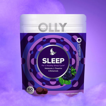 OLLY Sleep Gummies for Adults, 3 mg Melatonin Gummies with L-Theanine, Sleep Support for Restful Sleep*, Non-Habit Forming Sleep Support*, Blackberry Zen, Gluten Free, 60 Count
