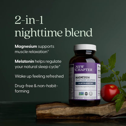 New Chapter Magnesium + Plant-Based Melatonin Supplement, with 2.5X Better Absorption Magnesium Glycinate & Non-GMO Melatonin 1 mg from Tomato – Sleep Aid & Muscle Relaxation* - 60 Tablets