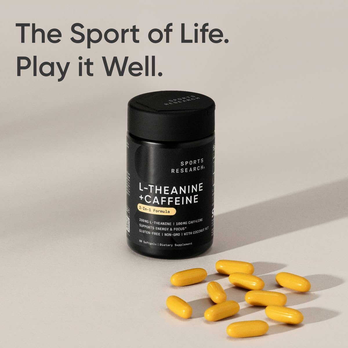 Sports Research® L-Theanine + Caffeine Nootropic Supplement - 60 Softgels | Double Strength L-Theanine 200mg & Organic Caffeine 100mg w/Coconut MCT Oil for Focused Energy - 60 Servings