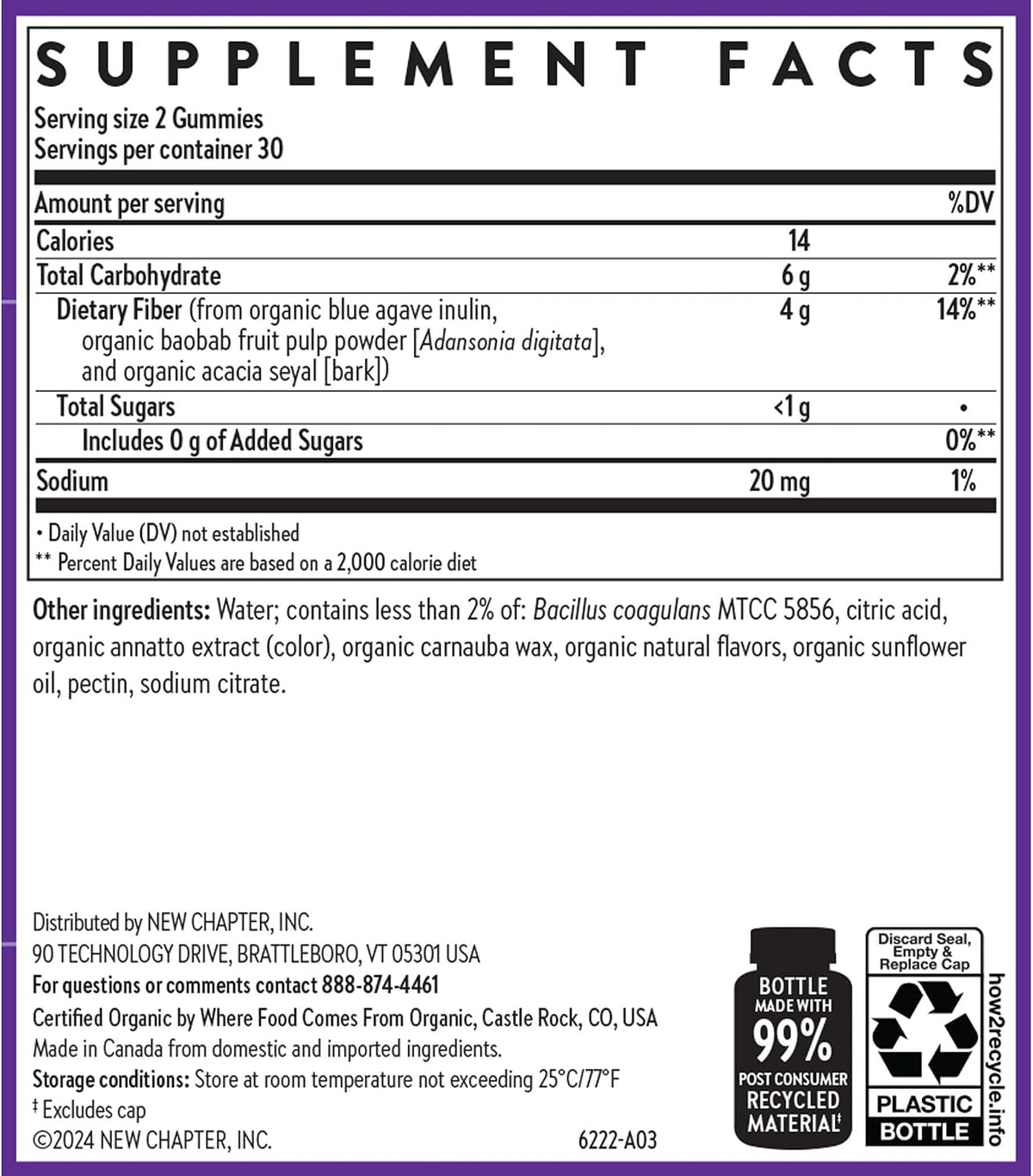 New Chapter Organic Fiber Gummies - Prebiotic Fiber for Digestive & Gut Health Support* - No Added Sugar - USDA Organic, Non-GMO & Vegetarian - 60 Gummies