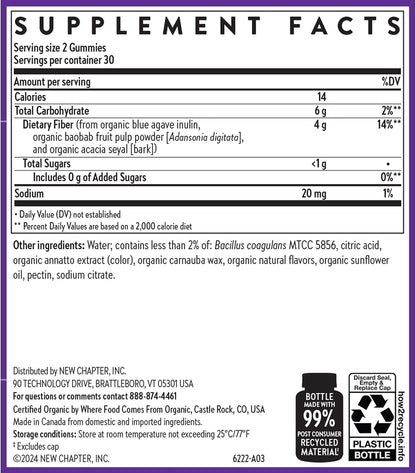 New Chapter Organic Fiber Gummies - Prebiotic Fiber for Digestive & Gut Health Support* - No Added Sugar - USDA Organic, Non-GMO & Vegetarian - 60 Gummies
