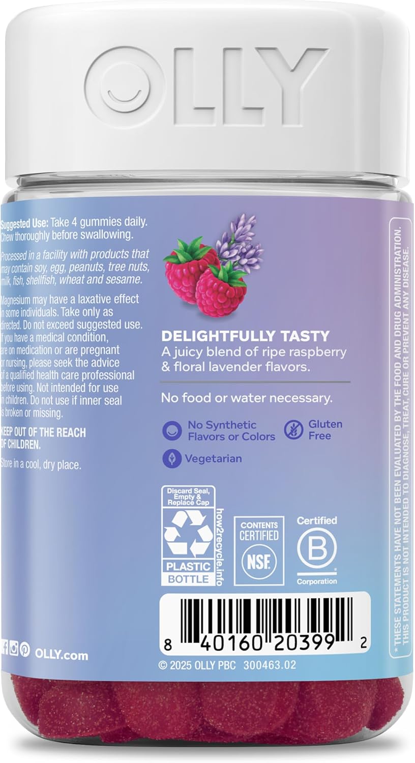 OLLY Relaxing Magnesium Gummies, Supports Muscle Relaxation*, Magnesium Citrate, Raspberry Lavender Flavor, 15 Day Supply - 60 Count