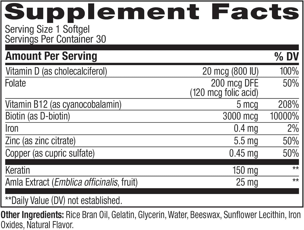 OLLY Ultra Strength Hair Softgels, Supports Hair Health, Biotin, Keratin, Vitamin D, B12, Hair Supplement, 30 Day Supply - 30 Count (Packaging May Vary)