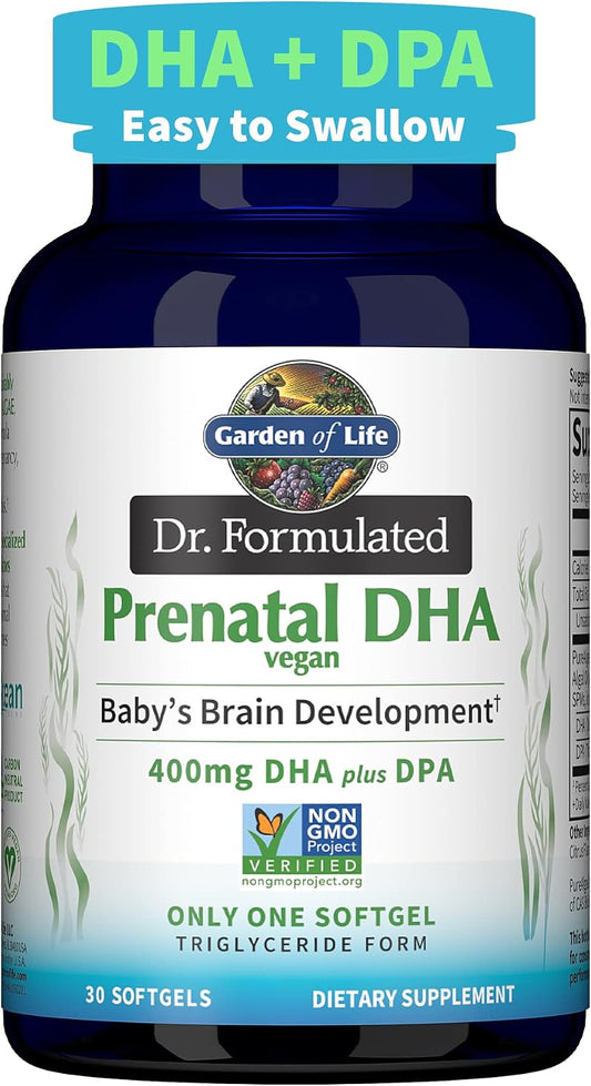 Garden of Life Dr. Formulated Prenatal Vegan DHA - Certified Vegan Omega 3 Supplement with 400mg DHA + DPA from Algal Omega 3 in Triglyceride Form, Non-GMO, 30 Softgels