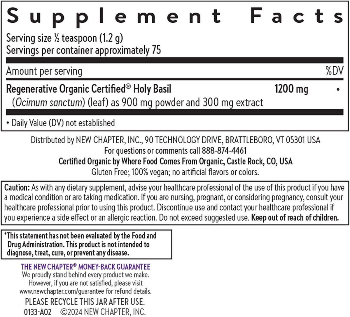 New Chapter Organic Holy Basil Booster Powder - Stress Relief, Cognitive Function, Memory, Immune Support Supplement - Regenerative Organic Certified Tulsi, 75 Servings
