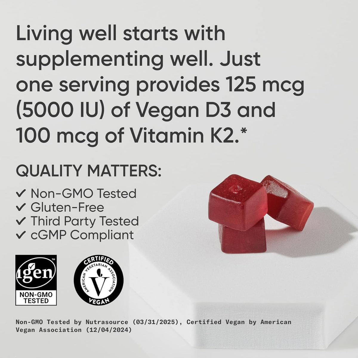 Sports Research® Vegan Vitamin D3 + K2 Sugar-Free Gummies, 60 Count | 125mcg (5000iu) Vitamin D w/ 100mcg Mk7 Vitamin K - Supports Bone & Immune Health* - Vegan Certified · Non-GMO · Soy Free