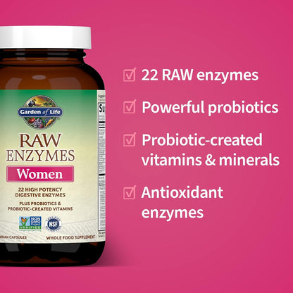 Garden of Life 22 Powerful Raw Enzymes for Women with Papain, Bromelain, Lactase plus Probiotics and Vitamins B12, Biotin and Zinc, Dietary Supplement with Digestive Enzymes, Vegetarian, 90 Capsules