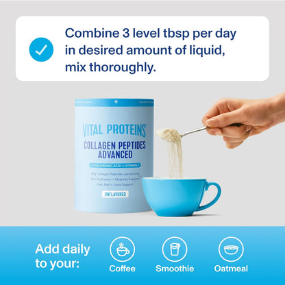 Vital Proteins Collagen Peptides Powder Advanced with Hyaluronic Acid & Vitamin C, Collagen Supplements, Unflavored, 12 Servings