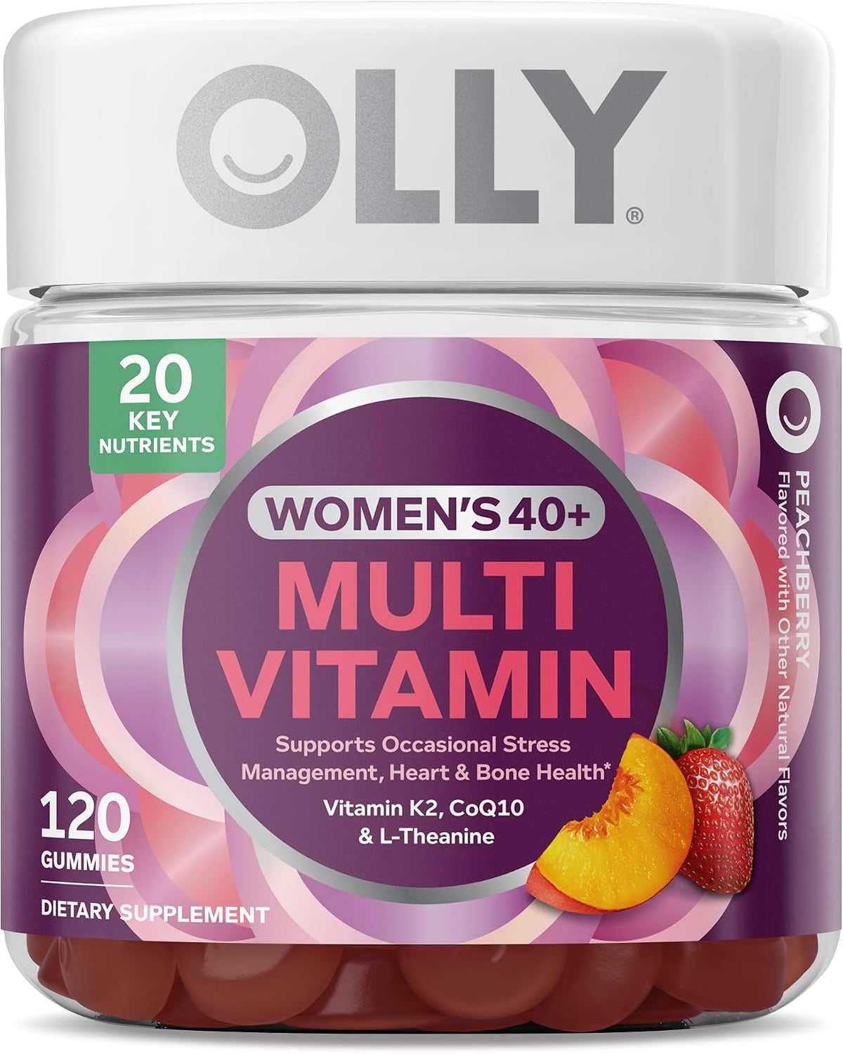 OLLY Women's 40+ Multi Gummies, 20 Key Nutrients Plus Vitamin K2, CoQ10, L-Theanine, Chewable Gummy Supplement, Peach Berry Flavored, 45 Day Supply - 120 Count