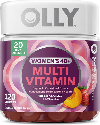 OLLY Women's 40+ Multi Gummies, 20 Key Nutrients Plus Vitamin K2, CoQ10, L-Theanine, Chewable Gummy Supplement, Peach Berry Flavored, 45 Day Supply - 120 Count