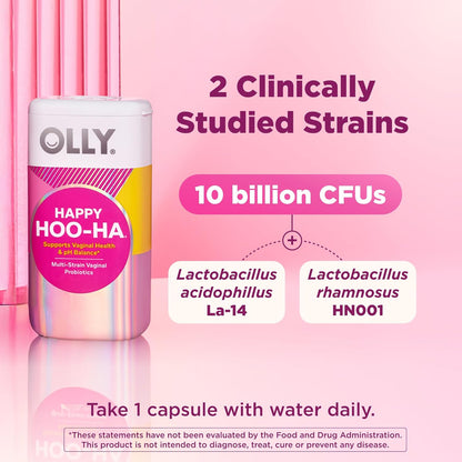 OLLY Happy Hoo-Ha Capsules, Vaginal Probiotics for Women or People with Vaginas, Vaginal Health and pH Balance,* 10 Billion CFU Per Capsule - 25 Count
