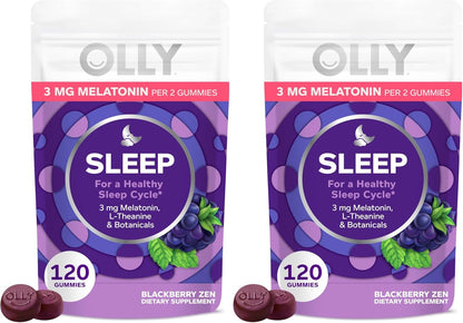 OLLY Sleep Gummies for Adults, 3 mg Melatonin Gummies with L-Theanine, Sleep Support for Restful Sleep*, Non-Habit Forming Sleep Support*, Blackberry Zen, Gluten Free, 60 Count