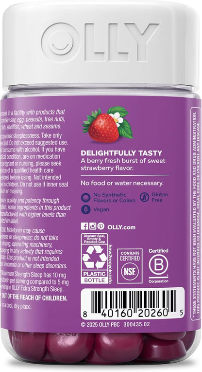 OLLY Max Strength Sleep Gummy, 10mg Melatonin, L-Theanine, Chamomile, Lemon Balm, Sugar Free, Vegetarian Sleep Aid, Strawberry - 50 Count
