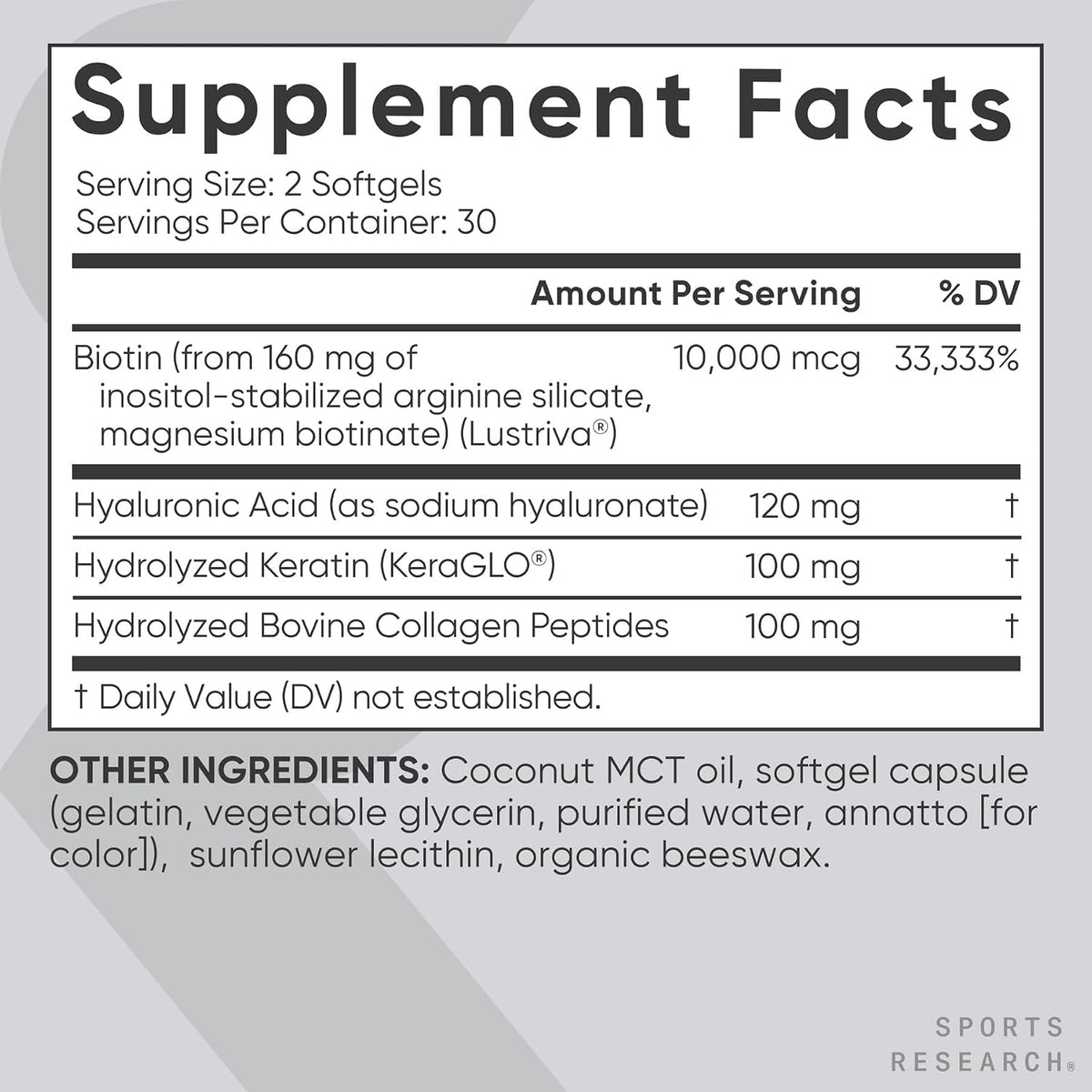 Sports Research® Hair, Skin & Nails Complex, 60 Softgels | Supports Hair Volume, Glowing Skin & Strong Nails - w/Lustriva® Biotin, Collagen, Hyaluronic Acid & KeraGLO® Keratin