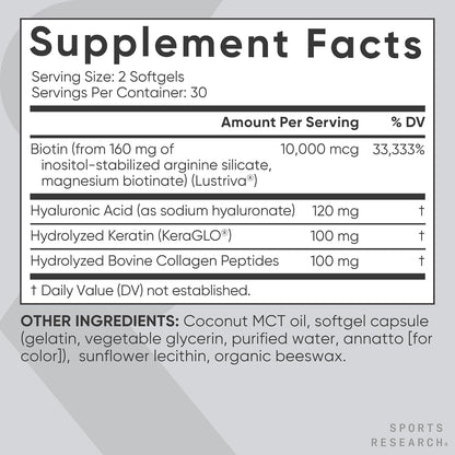 Sports Research® Hair, Skin & Nails Complex, 60 Softgels | Supports Hair Volume, Glowing Skin & Strong Nails - w/Lustriva® Biotin, Collagen, Hyaluronic Acid & KeraGLO® Keratin