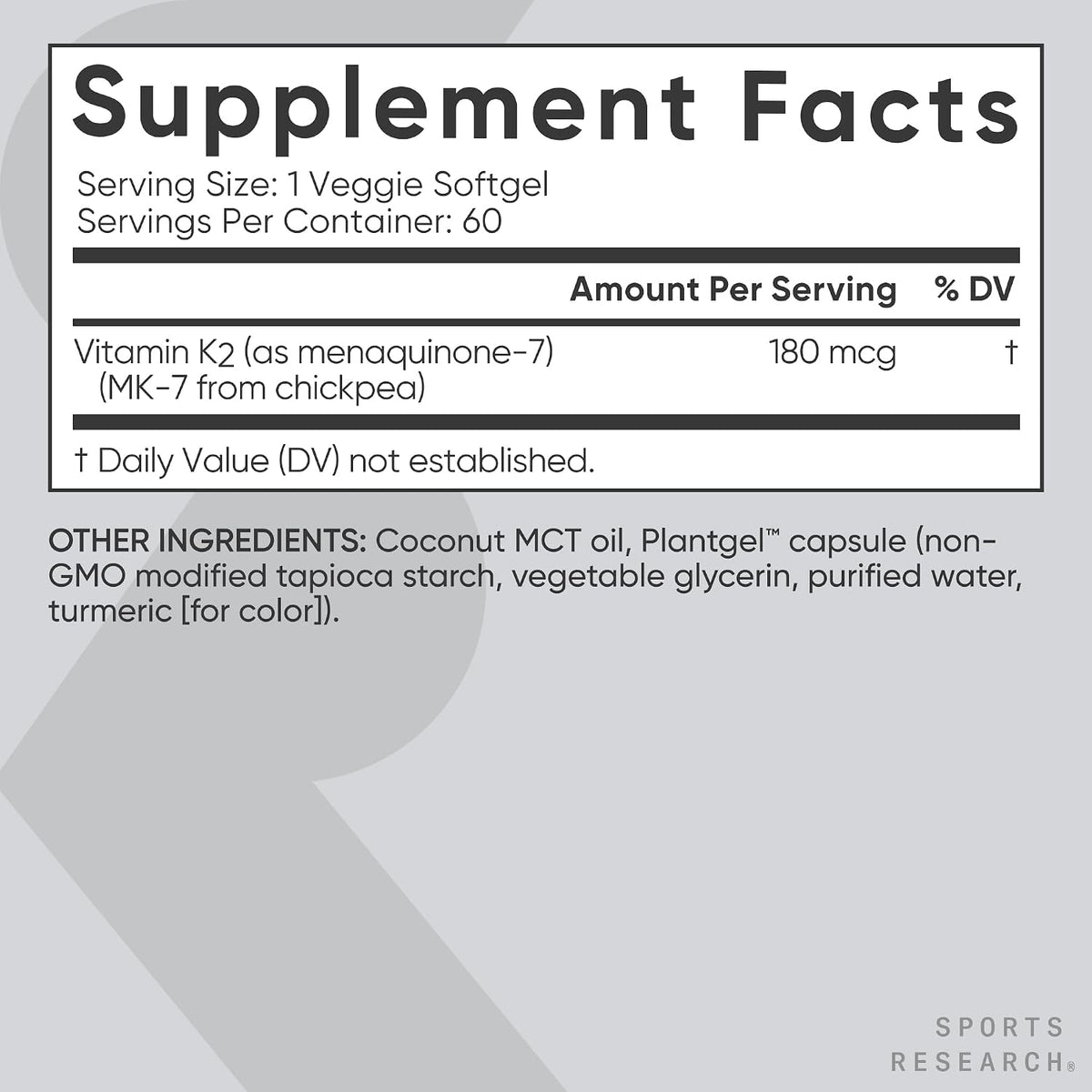Sports Research® Vitamin K2 (MK-7) 180mcg w/Coconut MCT Oil, 60 Count | Vegan K2 from Chickpea | Supports Strong Bones | Vegan Certified, Non-GMO Verified, Gluten & Soy Free