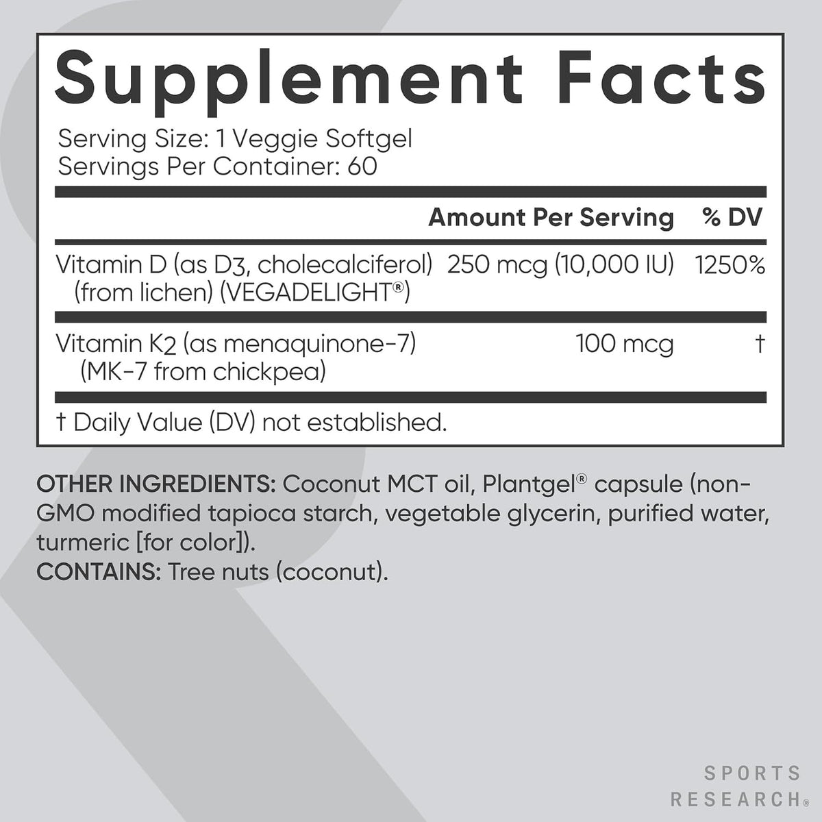 Sports Research® Vegan Vitamin D3 + K2 w/Coconut Oil, 60 Count Plantgels™ | Plant-Based Vitamin D 10,000iu/250mcg & Soy-Free Vitamin K 100mcg for Bone & Immune Support - Vegan Certified · Non-GMO