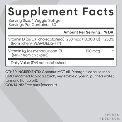 Sports Research® Vegan Vitamin D3 + K2 w/Coconut Oil, 60 Count Plantgels™ | Plant-Based Vitamin D 10,000iu/250mcg & Soy-Free Vitamin K 100mcg for Bone & Immune Support - Vegan Certified · Non-GMO