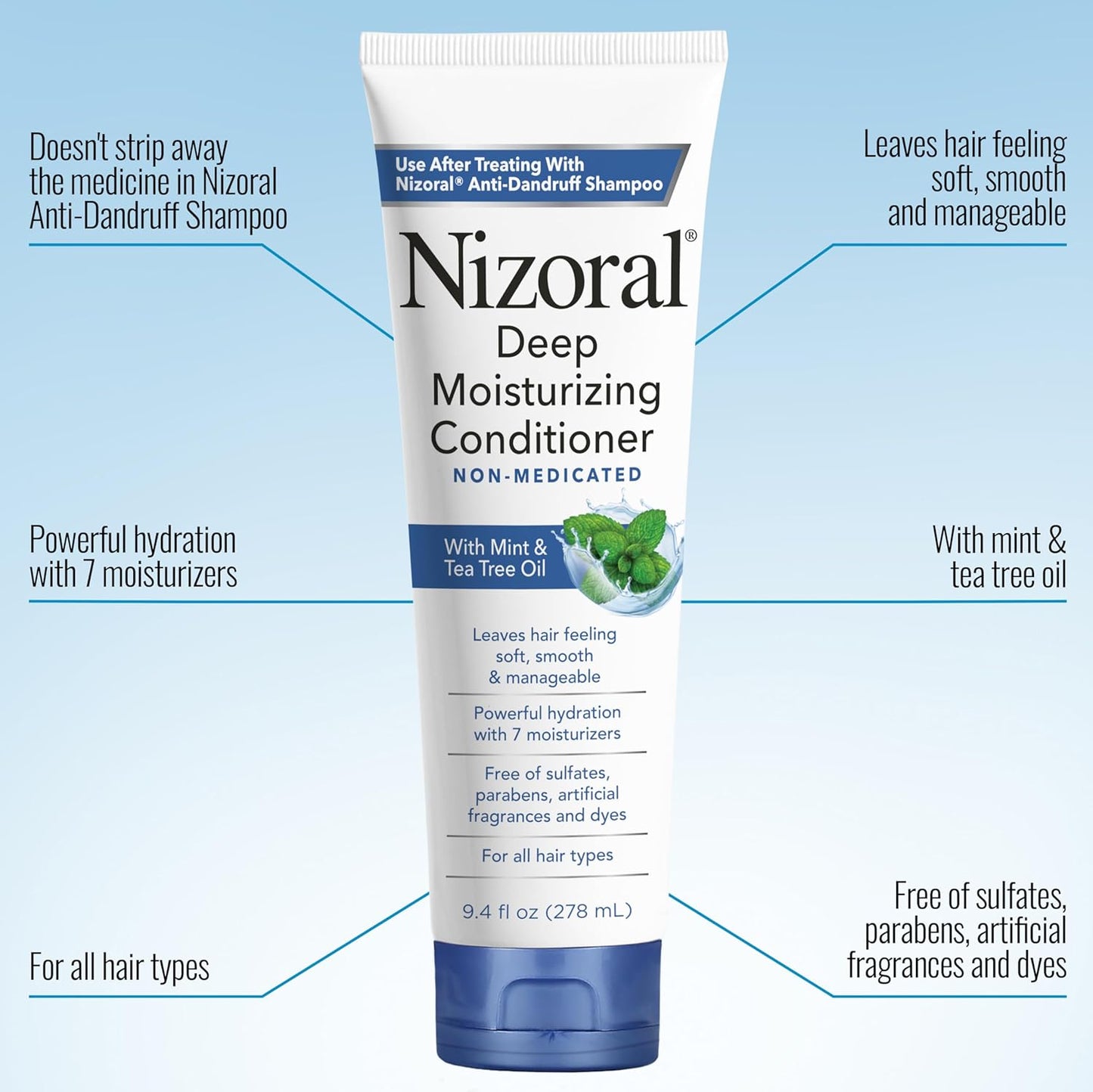 Nizoral Deep Moisturizing Conditioner, 9.4 oz, Anti-Dandruff Conditioner with Mint & Tea Tree Oil, Sulfate and Paraben Free, No Artificial Fragrance, For All Hair Types