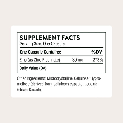 THORNE - Zinc Picolinate 30 mg - Well-Absorbed Zinc Supplement for Growth and Immune Function - Promotes Healthy Skin & Eyes* - Third-Party Certified - Gluten, Dairy & Soy-Free - 60 Capsules