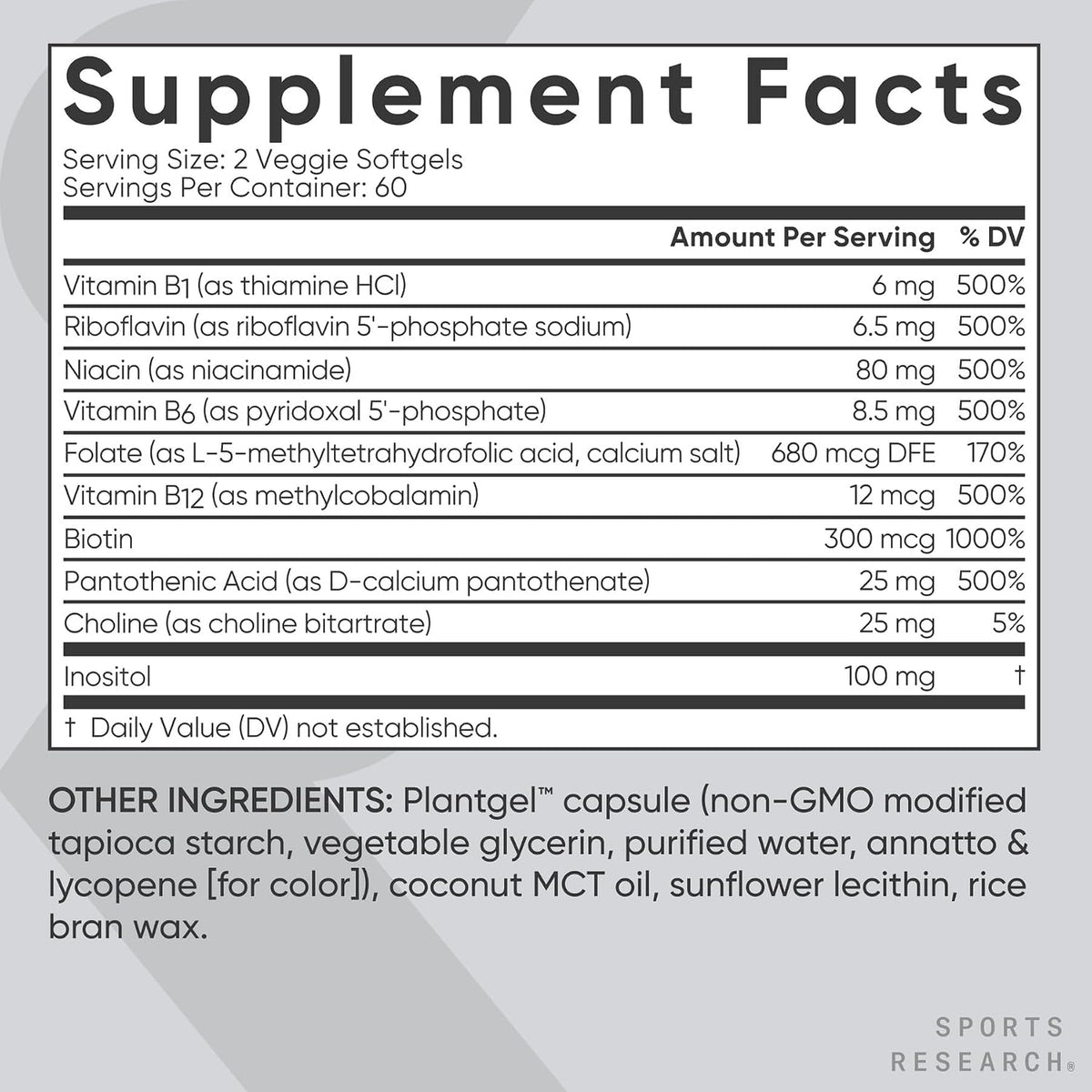 Sports Research® Vitamin B-Complex, 60 Count Plantgels™ | Full Spectrum of B Vitamins with Methylated B12 & Folate - Gluten Free · Plant-Based · Non-GMO · Vegan-Friendly Formula